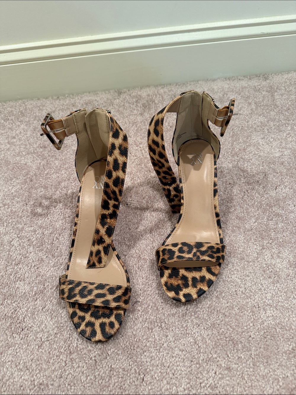 New York & Company Leopard Print Ankle-Strap Block Heels - Tan Black Brown